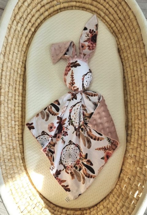 Zając przytulanka DOUDOU dwustronna bawełna i minky - Łapacze snów kwiatowe - brudny róż