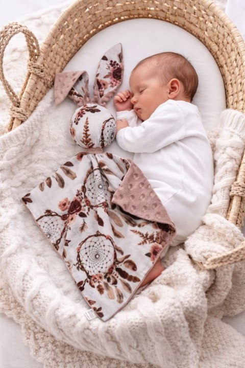 Zając przytulanka DOUDOU dwustronna bawełna i minky - Łapacze snów kwiatowe - brudny róż