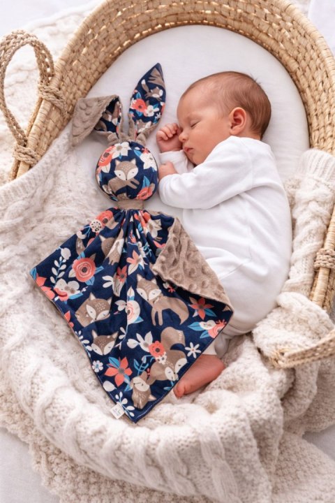 Zając przytulanka DOUDOU dwustronna bawełna i minky - Lisia rodzinka - brązowy