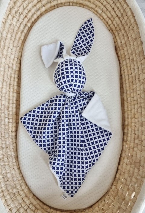 Zając przytulanka DOUDOU dwustronna bawełna i minky - Mini rozeta granatowa - biały