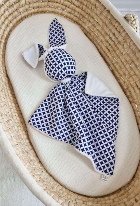 Zając przytulanka DOUDOU dwustronna bawełna i minky - Mini rozeta granatowa - biały