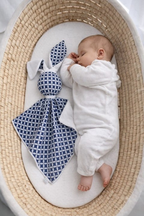 Zając przytulanka DOUDOU dwustronna bawełna i minky - Mini rozeta granatowa - biały