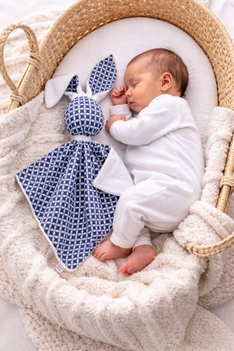 Zając przytulanka DOUDOU dwustronna bawełna i minky - Mini rozeta granatowa - biały