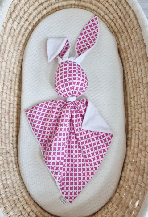 Zając przytulanka DOUDOU dwustronna bawełna i minky - Mini rozeta różowa - biały