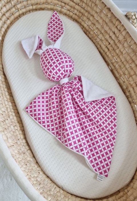 Zając przytulanka DOUDOU dwustronna bawełna i minky - Mini rozeta różowa - biały