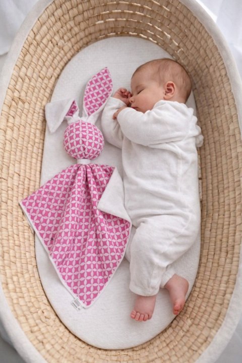 Zając przytulanka DOUDOU dwustronna bawełna i minky - Mini rozeta różowa - biały