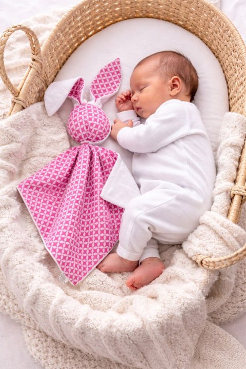 Zając przytulanka DOUDOU dwustronna bawełna i minky - Mini rozeta różowa - biały