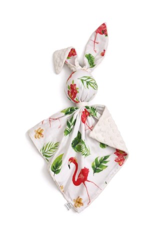 Zając przytulanka DOUDOU dwustronna bawełna i minky - Flamingi koralowe - ecru
