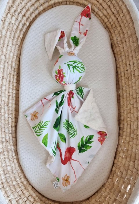 Zając przytulanka DOUDOU dwustronna bawełna i minky - Flamingi koralowe - ecru