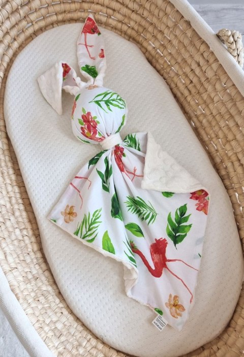 Zając przytulanka DOUDOU dwustronna bawełna i minky - Flamingi koralowe - ecru