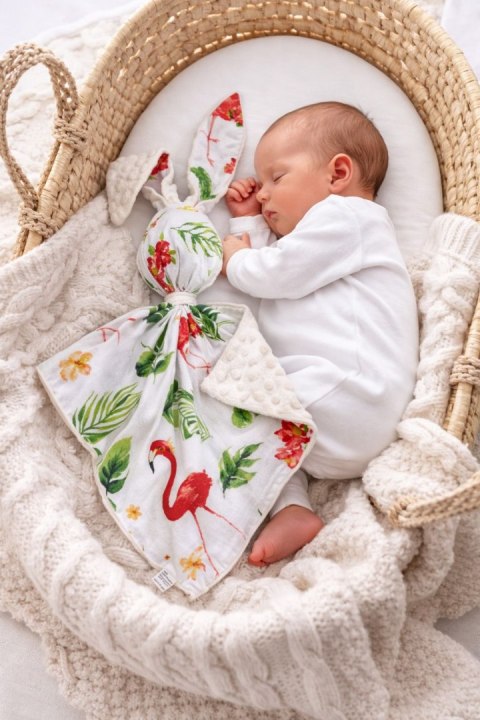 Zając przytulanka DOUDOU dwustronna bawełna i minky - Flamingi koralowe - ecru