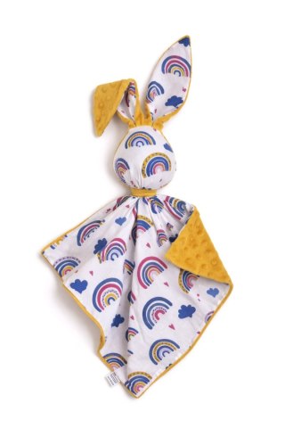 Zając przytulanka DOUDOU dwustronna bawełna i minky - Tęcza - musztardowy