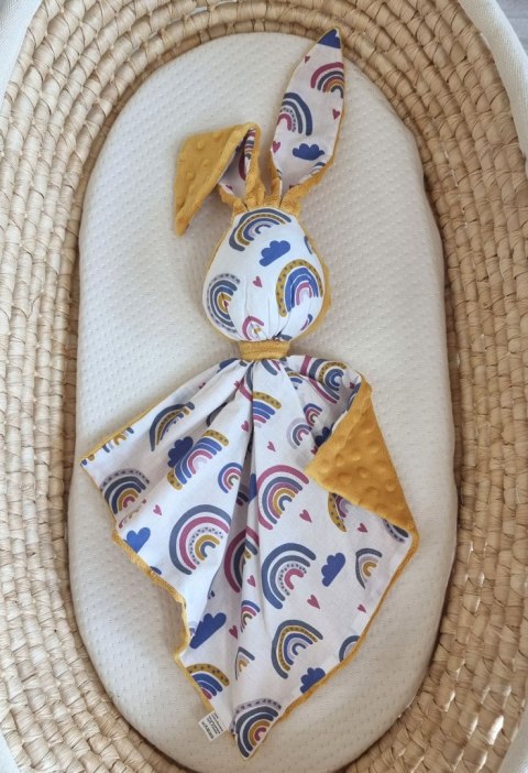 Zając przytulanka DOUDOU dwustronna bawełna i minky - Tęcza - musztardowy