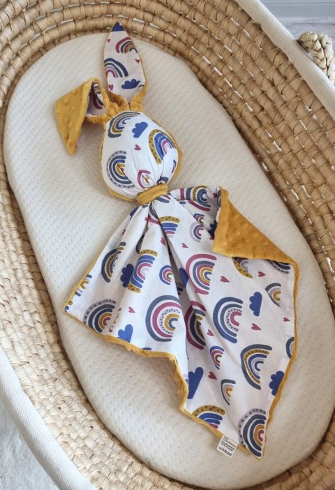 Zając przytulanka DOUDOU dwustronna bawełna i minky - Tęcza - musztardowy