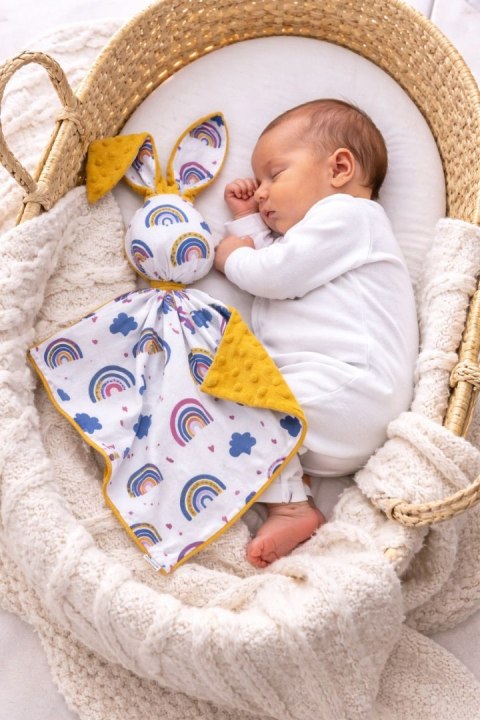 Zając przytulanka DOUDOU dwustronna bawełna i minky - Tęcza - musztardowy