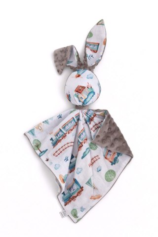 Zając przytulanka DOUDOU dwustronna bawełna i minky - Turkusowy pociąg - szary