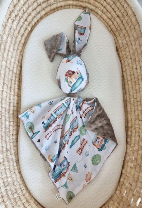 Zając przytulanka DOUDOU dwustronna bawełna i minky - Turkusowy pociąg - szary