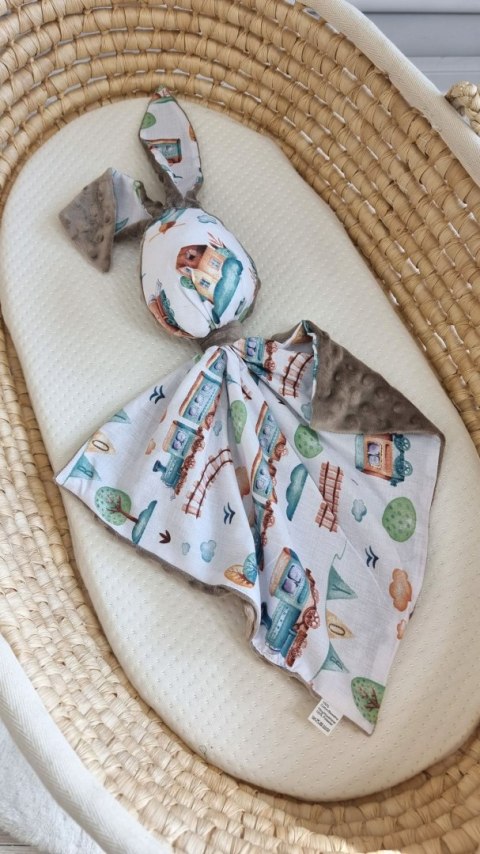 Zając przytulanka DOUDOU dwustronna bawełna i minky - Turkusowy pociąg - szary