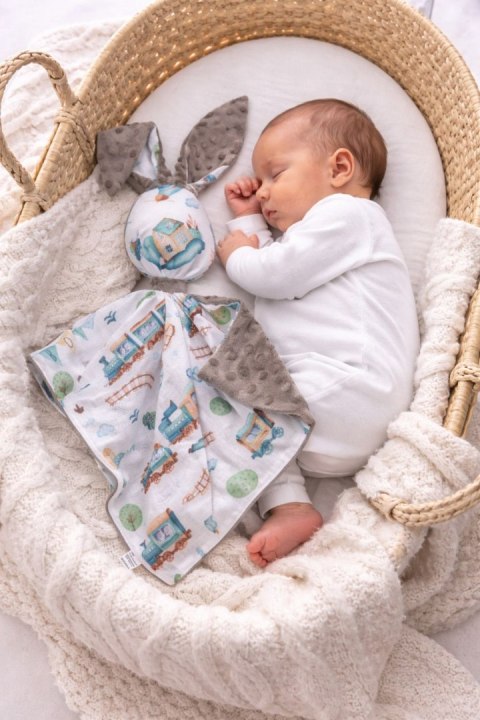 Zając przytulanka DOUDOU dwustronna bawełna i minky - Turkusowy pociąg - szary