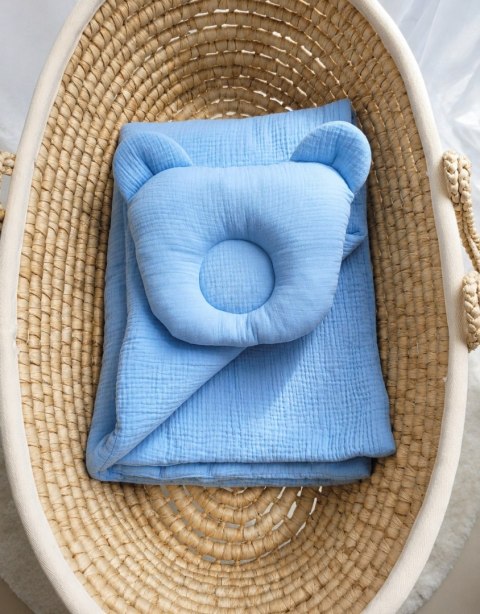 Kołderka z wypełnieniem i poduszka profilowana Miś MUŚLIN- zestaw 2cz. - blue My Sweet Baby