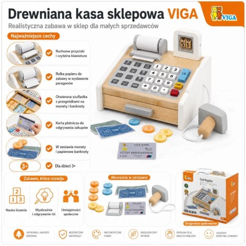 Viga Toys VIGA Drewniana Kasa sklepowa szaro biała