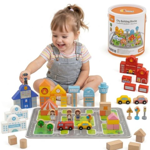 Viga Toys VIGA Zestaw Drewniany Budowanie Miasta Klocki Plansza Figurki