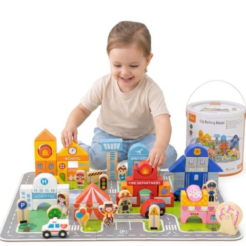 Viga Toys VIGA Zestaw Drewniany Budowanie Miasta Klocki Plansza Figurki
