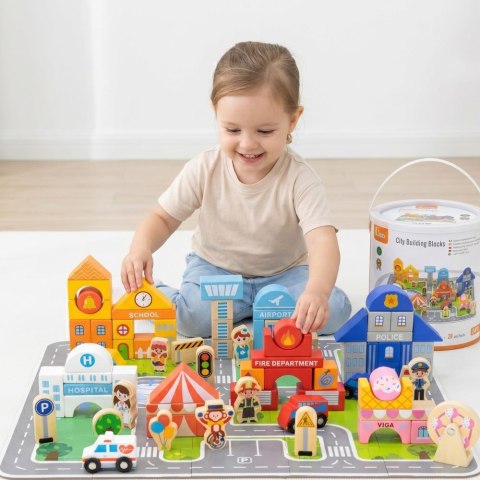 Viga Toys VIGA Zestaw Drewniany Budowanie Miasta Klocki Plansza Figurki