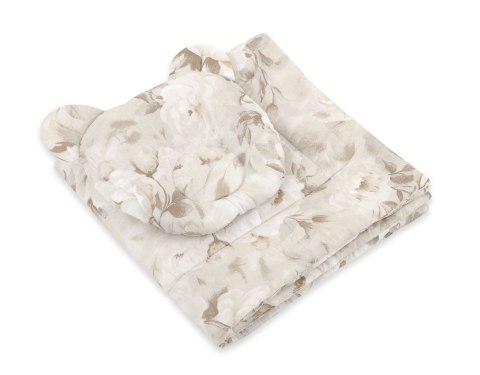 Kołderka z wypełnieniem i poduszka profilowana Miś - zestaw 2cz. - Peonies beige
