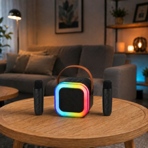 Zestaw Do Karaoke Głośnik Bluetooth Dwa Mikrofony Światła LED Czarny