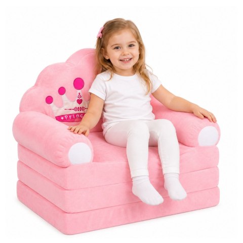 Rozkładany Fotel Sofa Leżanka z Koroną 2W1 Dla Dzieci Miękki Różowy