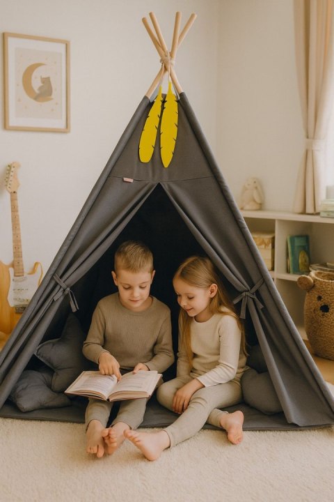 Namiot Tipi dla dzieci + zawieszki pióra - antracyt
