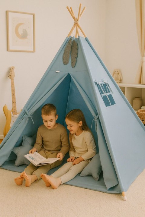 Namiot Tipi dla dzieci + zawieszki pióra - brudny niebieski