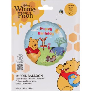 Balon foliowy urodzinowy Kubuś Puchatek, Happy Birthday, 45cm, 1szt.